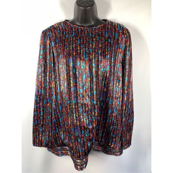 5---- Vintage Jo Hanna York by Joan Davis Multi Color Black Sheer Stripe Blouse - Picture 1 of 10